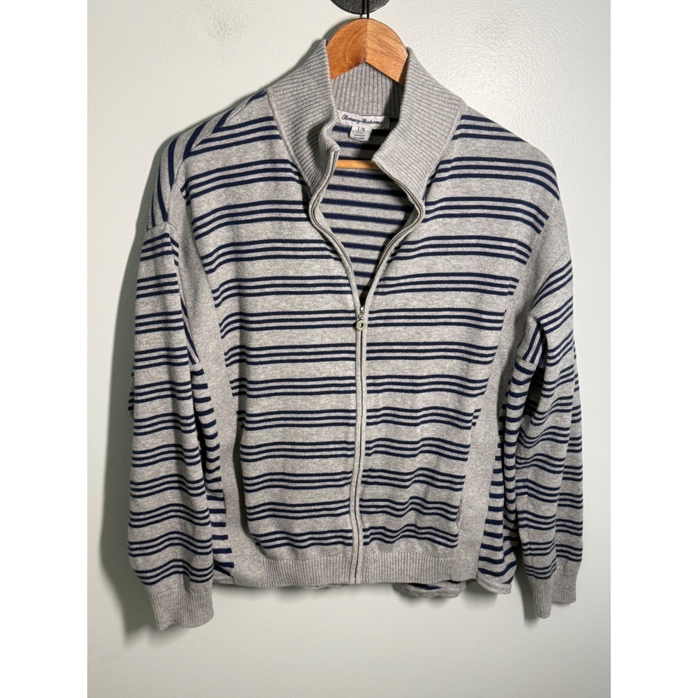 Tommy Bahama Womens L Full Zip Striped Sweater Grey Navy Blue Mock Neck Ribbed
